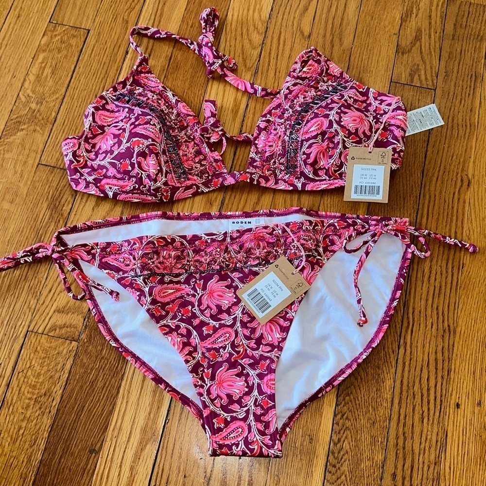 NWT Boden Beaded embellished bikini 2 piece set raspberry botanic vine pink